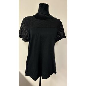 Talbots Black Eyelet Lace Sleeve Pima Cotton Knit Top Women's Size L